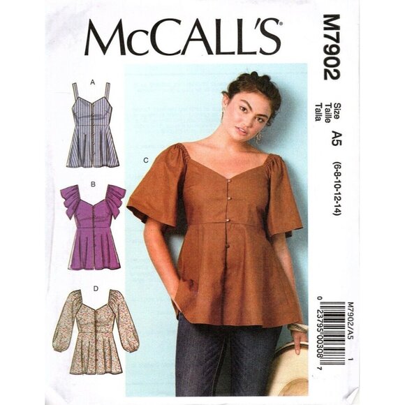 McCall's M7902 Misses 6 to 14 Loose Peplum Pullover Top Uncut Sewing Pattern New - Picture 1 of 2
